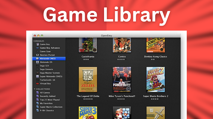 A library of games in OpenEmu, with Super Nintendo games and box art
