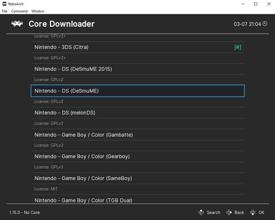 Click on Nintendo - DS (DeSmuME) to download the core