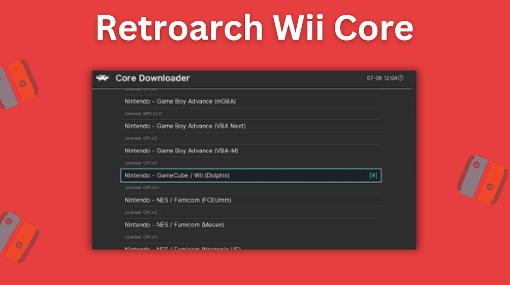 The RetroArch Wii core download screen