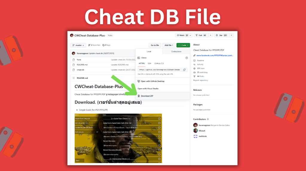 Download the cheat.db file from Github from Code > Download ZIP